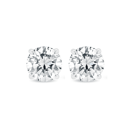 A pair of 0.50ct tdw round brilliant cut lab diamond stud earrings set in 14k white gold, shining brightly on a white background.