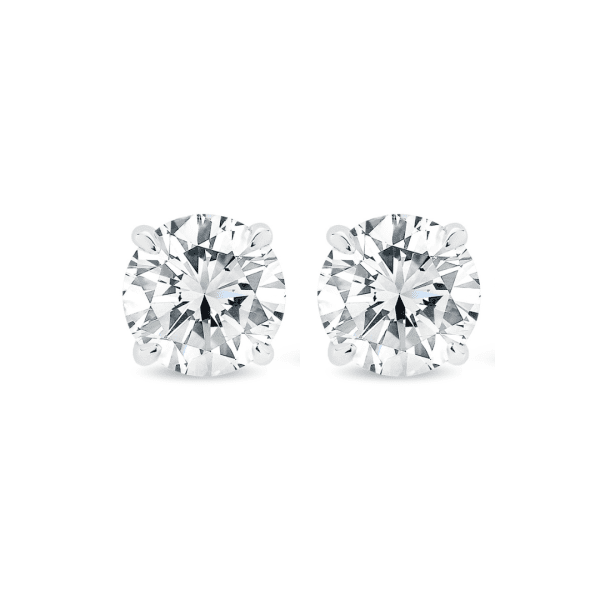 A pair of 0.50ct tdw round brilliant cut lab diamond stud earrings set in 14k white gold, shining brightly on a white background.