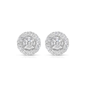 Product: A pair of sophisticated 0.72ct TDW round brilliant cut natural diamond studs, each showcasing a prominent central diamond encircled by a halo of smaller diamonds, elegantly set in a circular platinum frame. The earrings are presented against a simple white background.