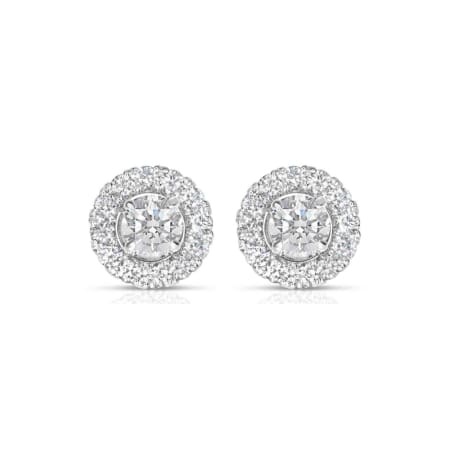 Product: A pair of sophisticated 0.72ct TDW round brilliant cut natural diamond studs, each showcasing a prominent central diamond encircled by a halo of smaller diamonds, elegantly set in a circular platinum frame. The earrings are presented against a simple white background.