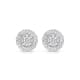 Product: A pair of sophisticated 0.72ct TDW round brilliant cut natural diamond studs, each showcasing a prominent central diamond encircled by a halo of smaller diamonds, elegantly set in a circular platinum frame. The earrings are presented against a simple white background.