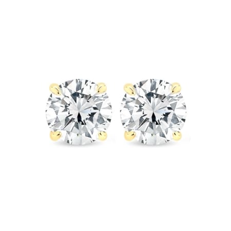 A pair of 1.40ct tdw round brilliant cut lab diamond stud earrings set in 14k yellow gold on a white background.