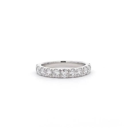 The 1.10ct Round Brilliant Cut Lab Diamond Wedding Ring features a band of silver embellished with a row of round-cut diamonds evenly distributed across the top half. It boasts a smooth, polished finish and is set against a plain white background.