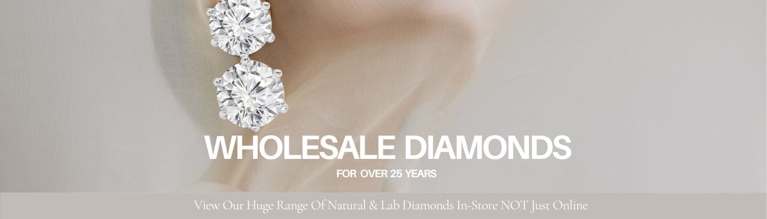 Close-up image of a woman's ear adorned with large, sparkling diamond earrings. Text overlay reads "Wholesale Diamonds for Over 25 Years" and mentions in-store availability of natural and lab diamonds.