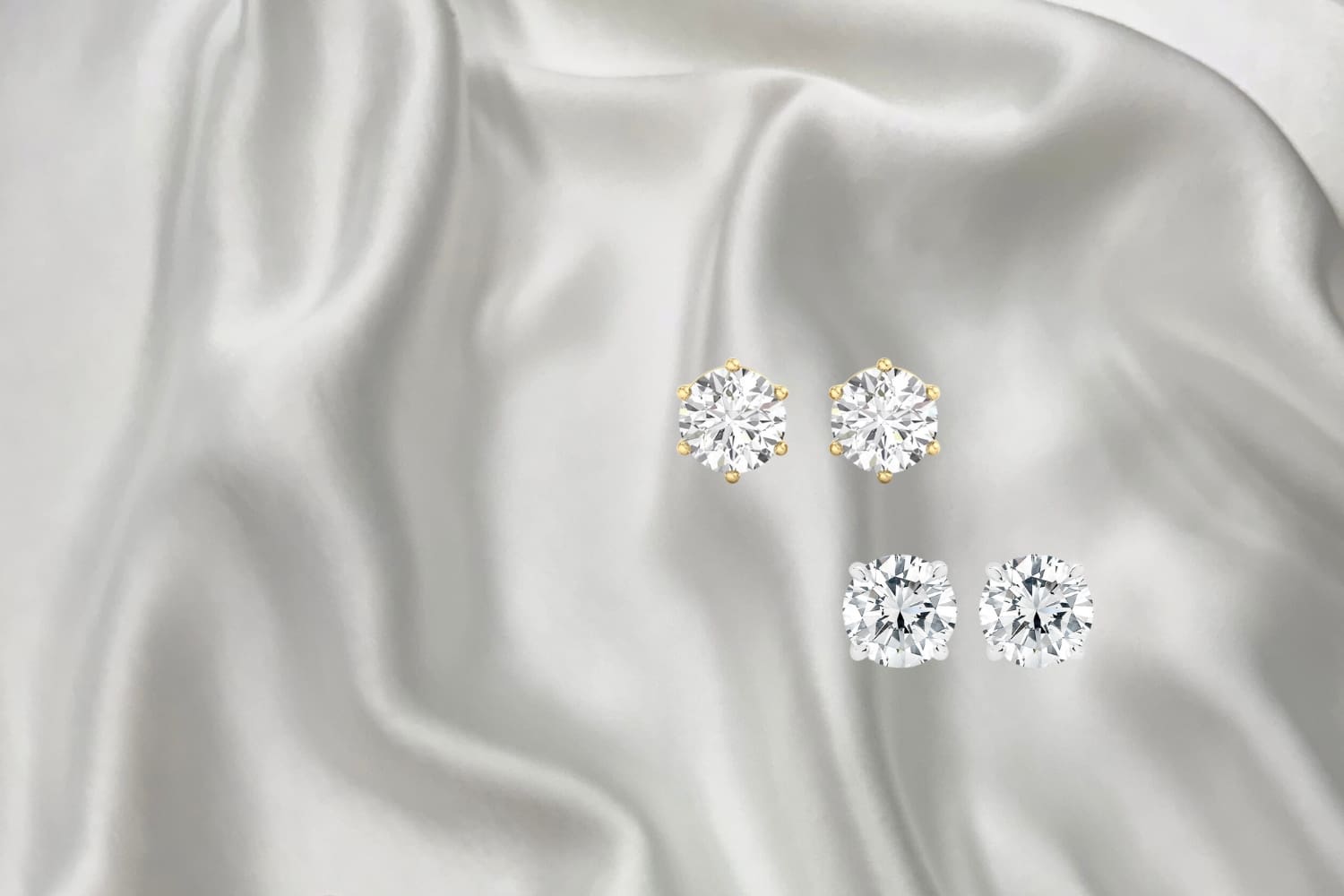 Four diamond earrings on a soft, white satin fabric. Two earrings are round with gold settings, and two are square with silver settings, reflecting light elegantly.