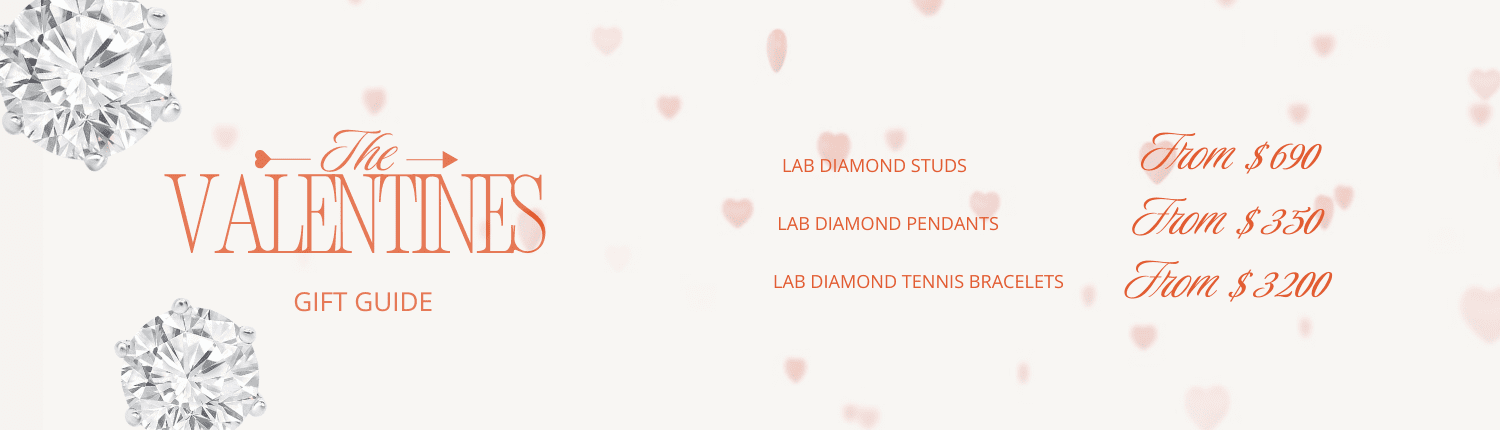 Valentine's gift guide featuring lab diamond studs from $690, lab diamond pendants from $350, and lab diamond tennis bracelets from $3200. Background with faint red hearts and diamond graphics.